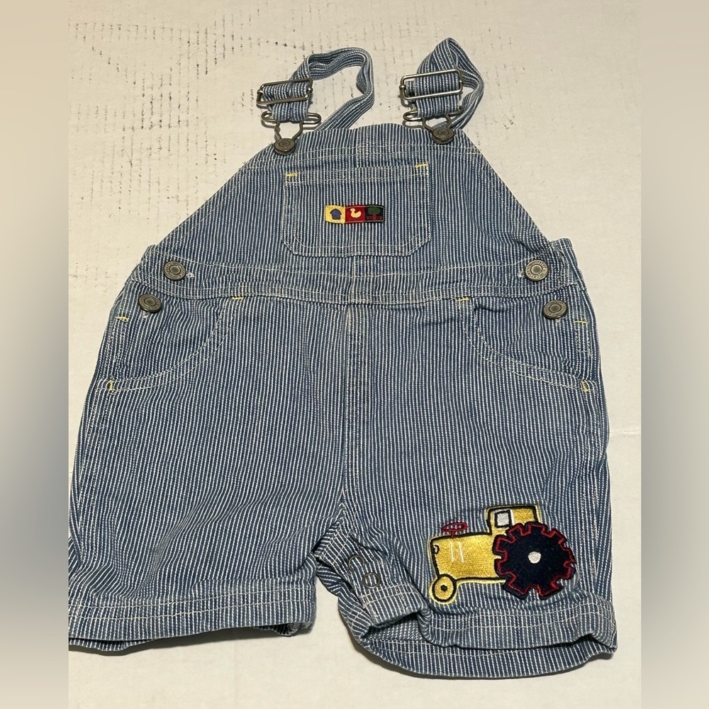 Kids Striped Blue Overalls with Tractor Patch